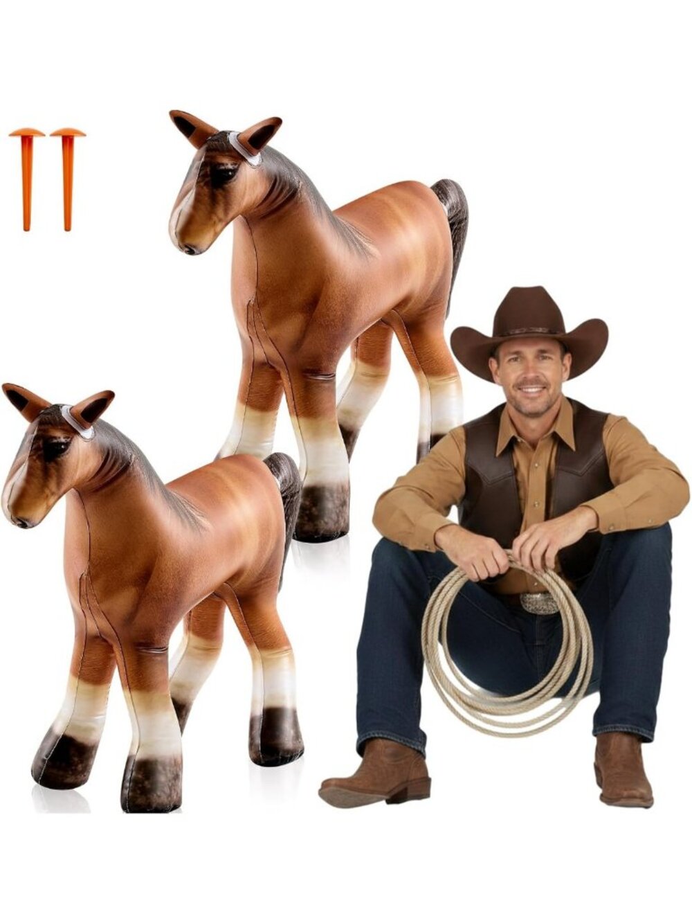 2 Pcs 38" Long Inflatable Brown Horse Decor - Western Rodeo Party Supplies